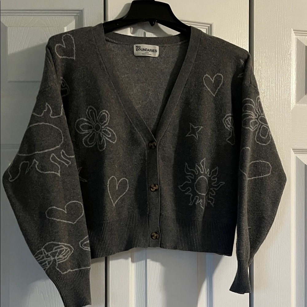 No Boundaries Gray Cardigan Sun,Heart and Star Motifs